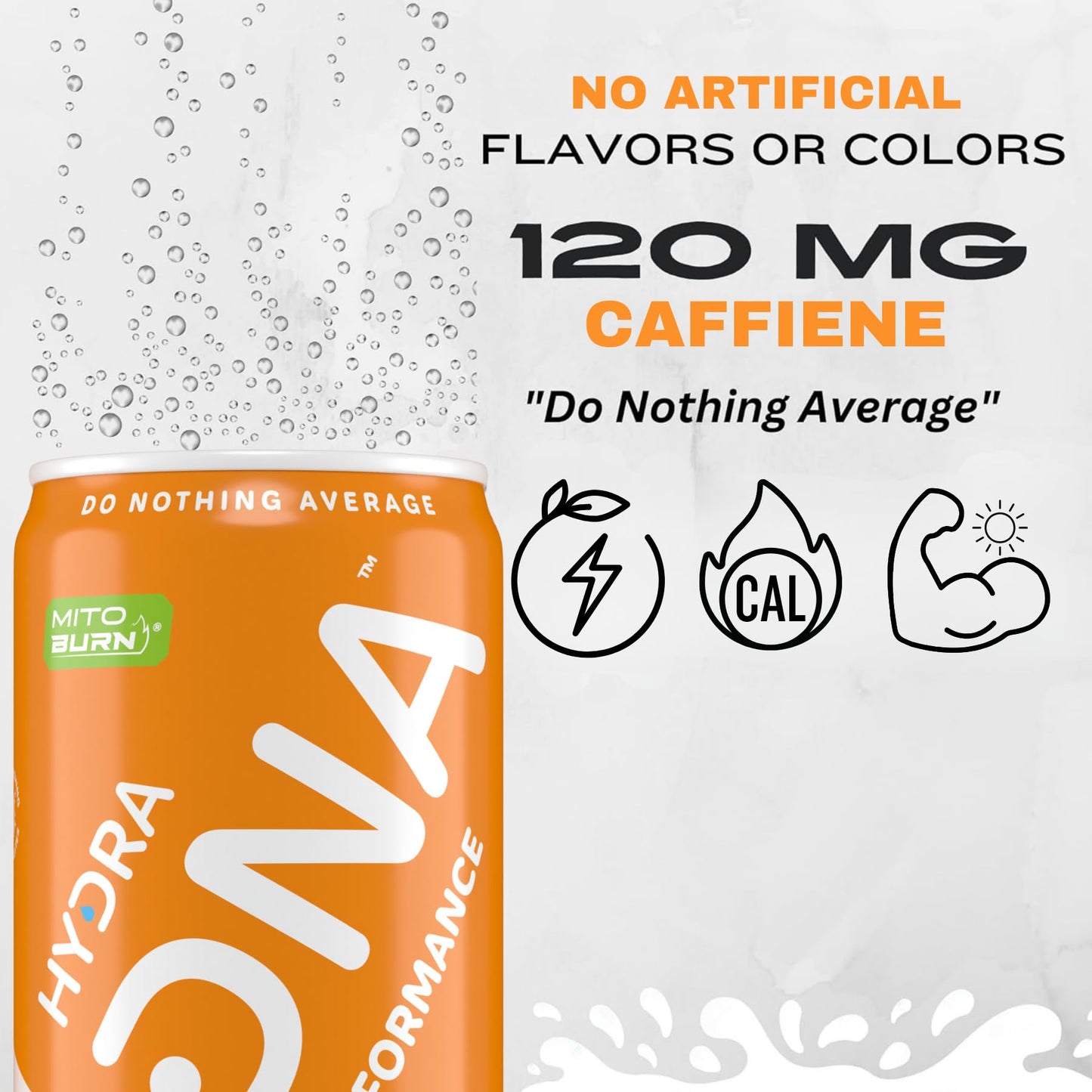 HYDRADNA Clean Performance Drink, Zero Sugar, 12 Fl Oz (Pack of 12), Orange, 120 mg Organic Caffeine, Natural Flavors