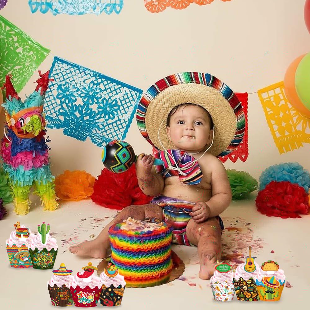 48 Pieces Fiesta Cupcake Topper Mexican Cupcake Wrappers Set For Cinco De Mayo Party Mexican Fiesta Themed Summer Favors Supplie