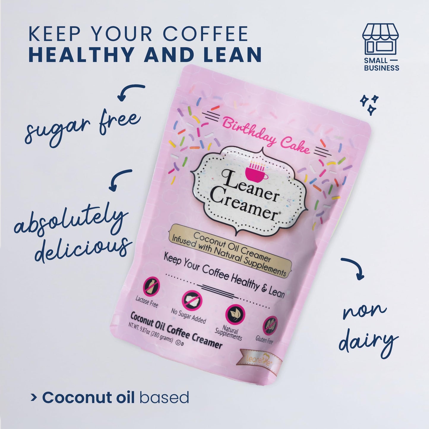 Leaner Creamer Non-Dairy Sugar Free Coffee Creamer Powder, Birthday Cake Flavor, 9.87 oz (Pack of 1)