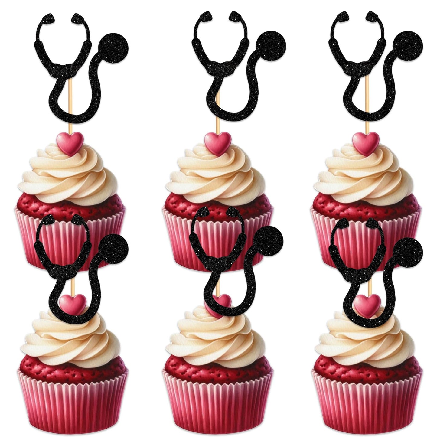 Black Glitter Stethoscope Cupcake Topper For Medical Equipment Nurse Doctor Theme Party Favors Decorations Men Women Happy Birthday Party Decor Supplies Set 18Pcs