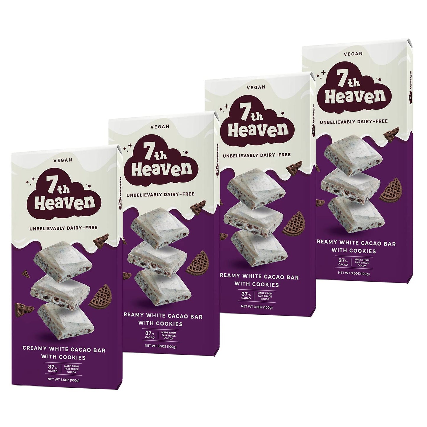 7Th Heaven Vegan Soy Milk Chocolate Bars: Cookies And Cream - (3.5 Oz - 4 Pack) Healthy Chocolate Perfect Valentines Gift For Your Loved Ones 100% Dairy Free Non Gmo Kosher Parve Cruelty Free Fair Trade Cocoa
