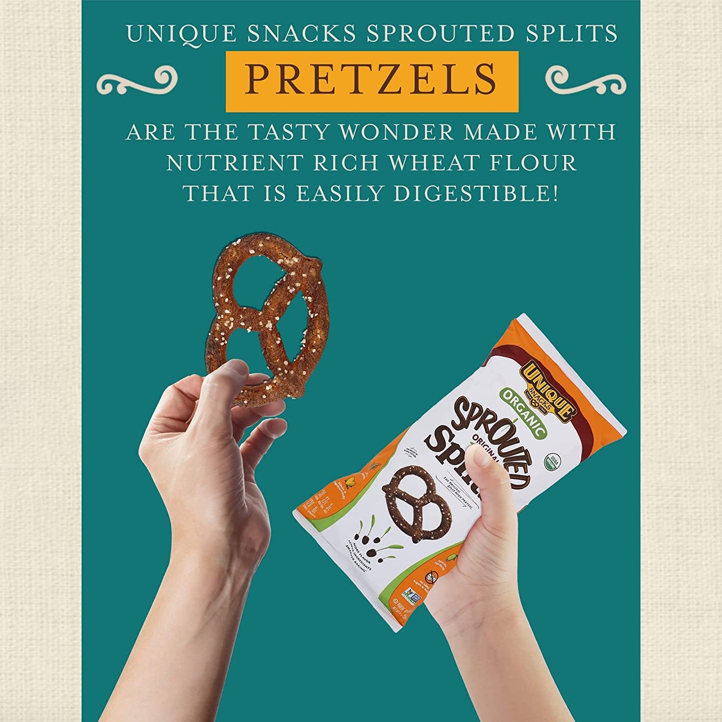 Unique Snacks Sprouted Splits Pretzels, Non-GMO, OU Kosher, 8 Oz. Bag, Pack of 3