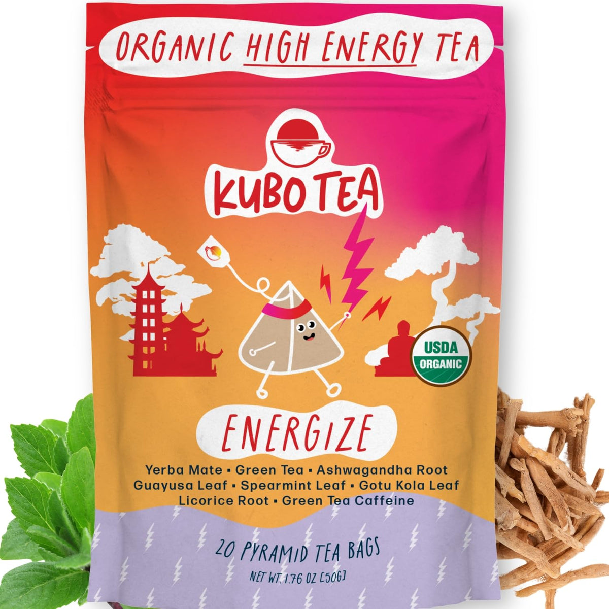 High Energy Blend Tea (140 Mg) - Kubo Tea: Organic Energize Yerba Mate Green Tea Bags For Clean Energy & Focus | Healthy Coffee Substitute | Ashwagandha Root Blend | 20 Ct | Compostable Packaflavor Blendg