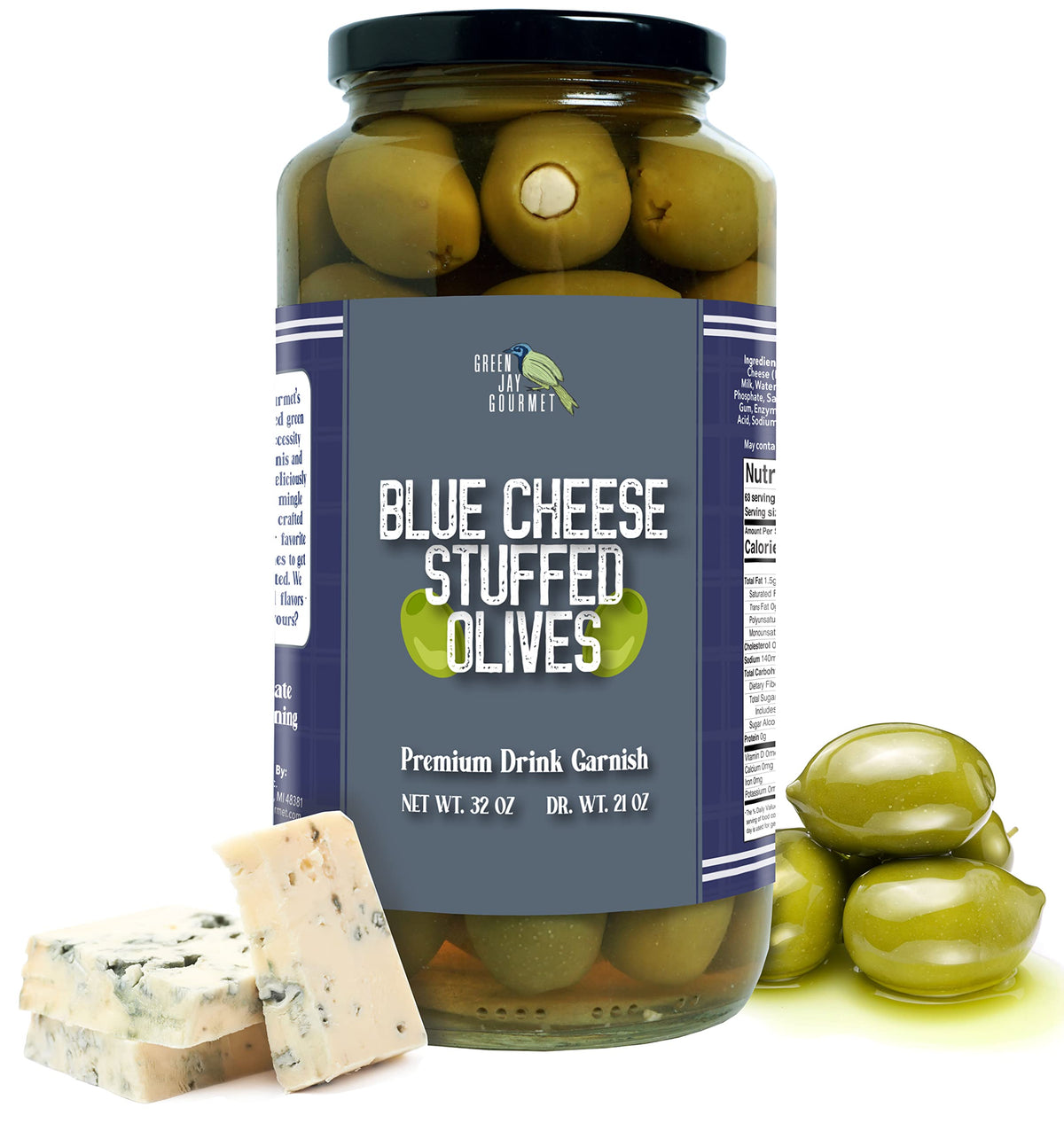 Green Jay Gourmet Blue Cheese Stuffed Olives - Cheese Stuffed Green Olives For Mixed Flavor Garnish & Cheese Board - Dirty Beverage-Style Olives - Gourmet Olives - All Natural - Large - 32 Ounces