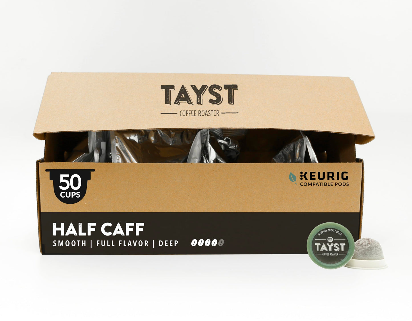 Tayst Coffee Pods, Half Caff Dark Roast, Compatible with Keurig, 50 Count Pack