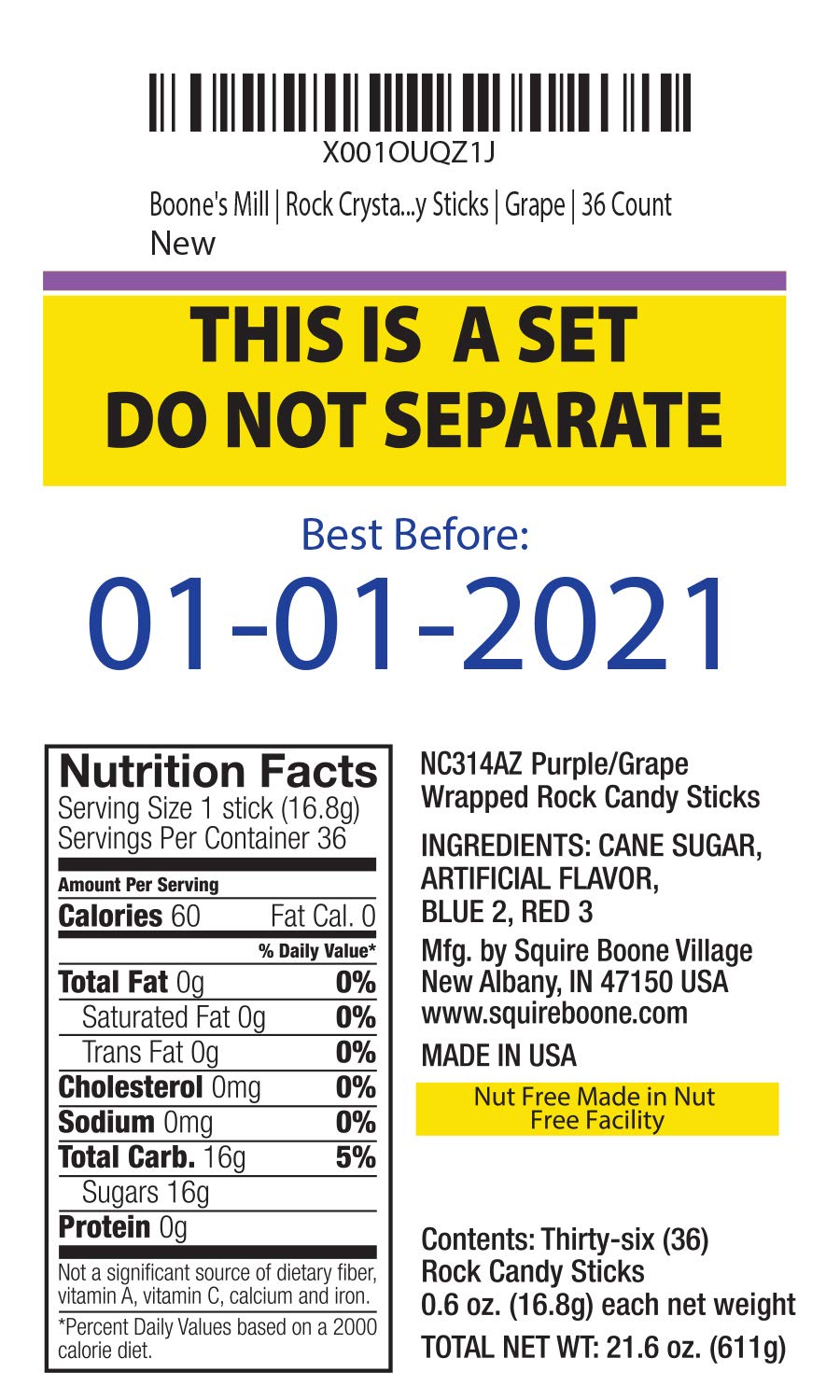 Boones Mill | Rock Crystal Candy Sticks | Purple Grape | 36 Sticks