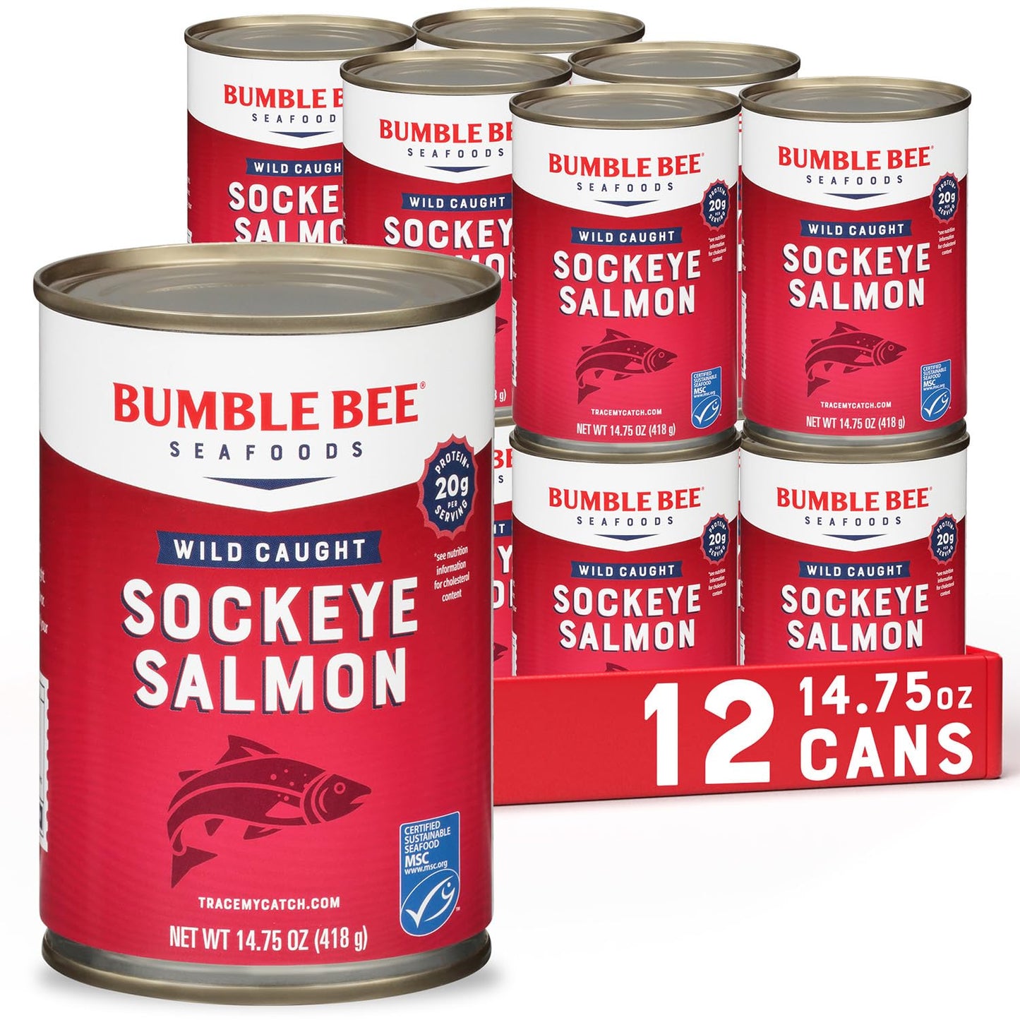 Bumble Bee Canned Red Sockeye Salmon 14.75 Oz Cans (Pack Of 12) - Top-Grade Wild Caught Salmon With Skin & Bones - 20G Protein - Msc Certified Sustainable Seafood Non-Gmo Gluten Free Kosher