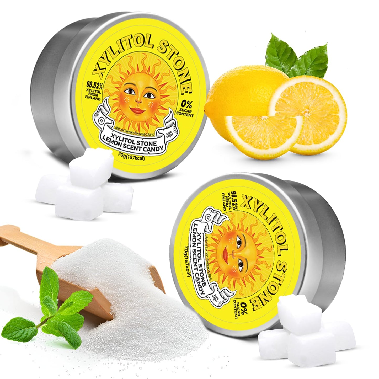 Xylitol Stone Sugar Free Candy - Vegan & Keto Friendly Unique Hard Candy Sugar-Free - 100% Natural Flavor Candies - Gluten Free & Non-Gmo Breath Freshener Low Calorie Mints - Lemon (Pack Of 2)
