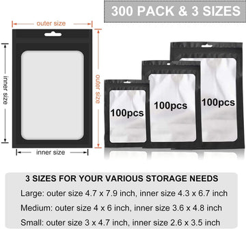 MEACOLIA 300 Pack Resealable Mylar Bags - Smell Proof Food Storage Pouches, Black, 3 Sizes (3x4.7, 4x6, 4