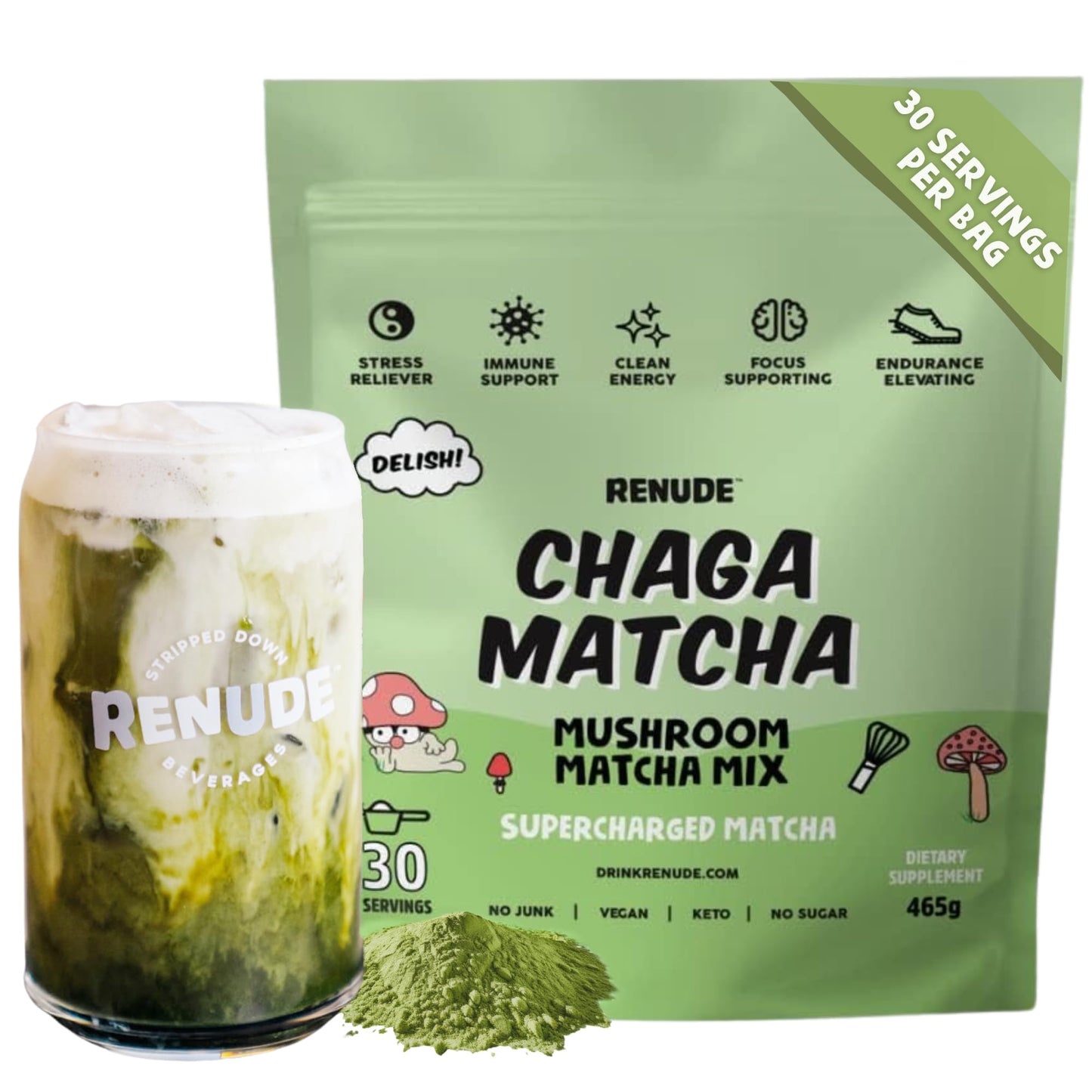 Renude Chaga Matcha - Chaga Mushroom Powder Ceremonial Grade Matcha Superfood Drink Mix With Adaptogens Keto Vegan Sugar Free Natural Energy And Immune Support - 30 Servings