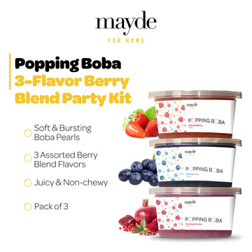 Mayde 3-Flavor Popping Boba Pearls Berry Blend Party Kit- Strawberry, Blueberry, & Pomegranate (3-Pack, 490 Grams)