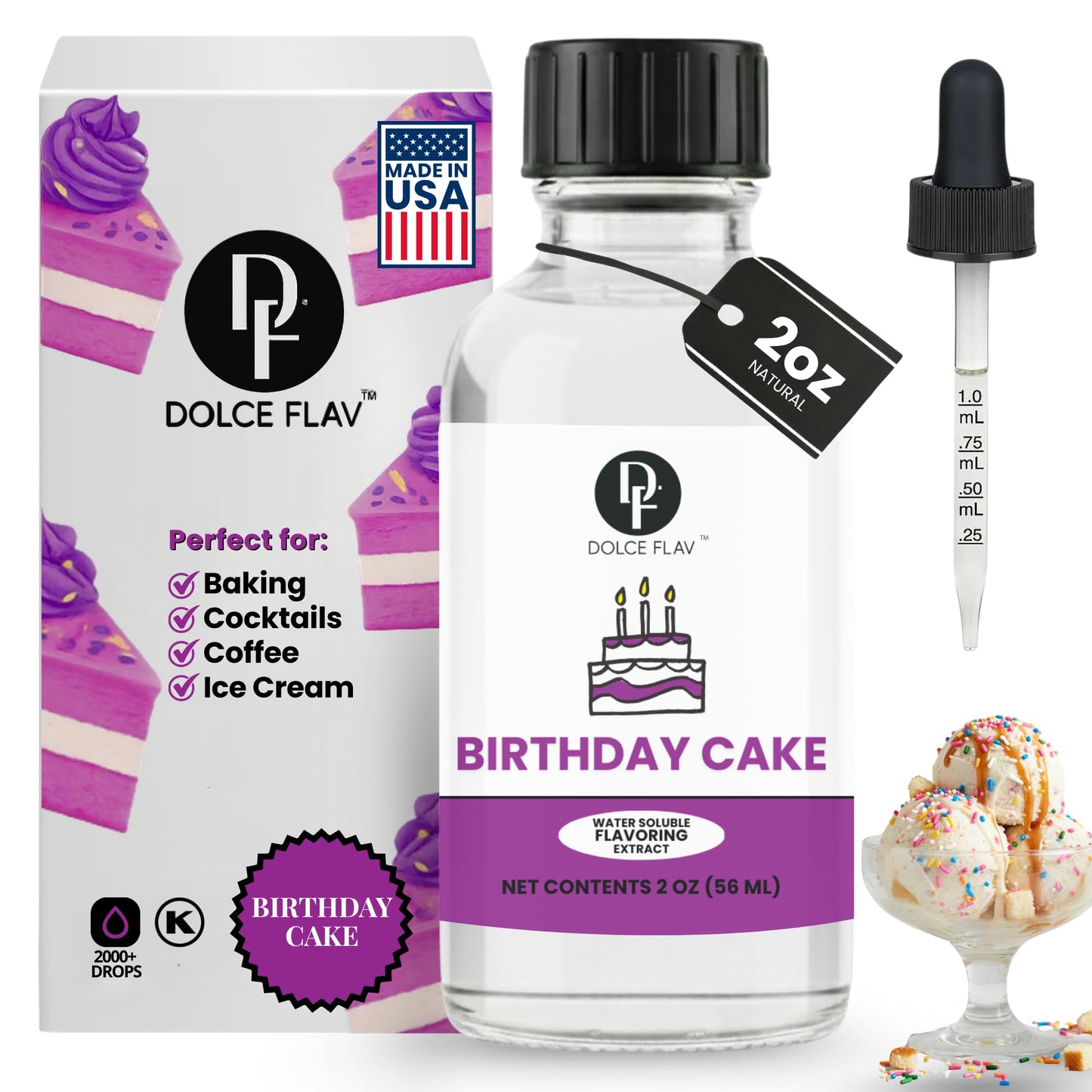 Dolce Flav Birthday Cake Extract - 2 Ounce Water-Soluble Kosher Sugar-Free Concentrated Festive Cake Flavoring For Frostings Cupcakes & Desserts Includes Measured Dropper