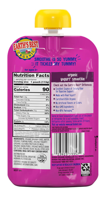 Earths Best Organic Kids Snacks, Toddler Fruit Smoothie, Banana Pumpkin Raisin, 4 oz (Pack of 12)