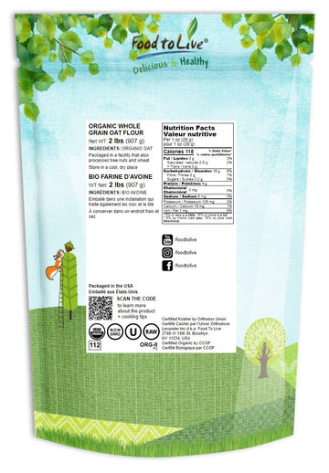 Food to Live Organic Oat Flour, 2 Pounds - Non-GMO, Fine, Stone Ground from Whole Grain Oat Berries, Kosher, Vegan, Bulk, Great