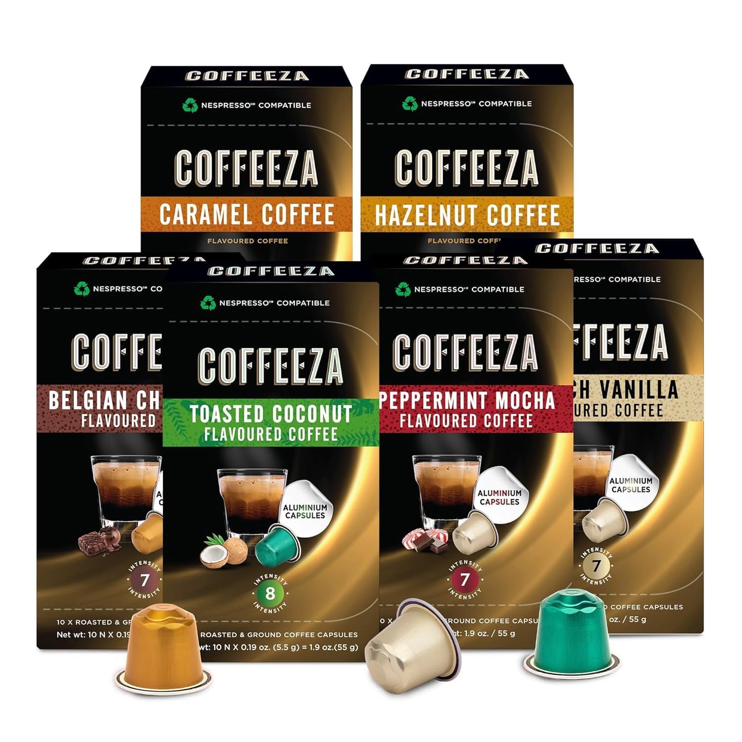 Coffeeza 100% Arabica Nespresso Flavored Coffee Pods Variety Pack Compatible With Nespresso Oriflavor Blendal Line Machines | 6 Pack 60 Single Serve Coffee Pods