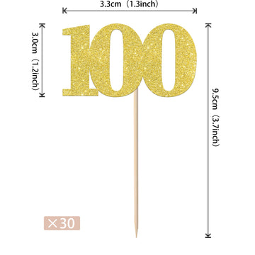ZHUOWEISM 30 PCS Cupcake Toppers Glitter Happy 100 Days Birthday Picks Small Gold Bamboo