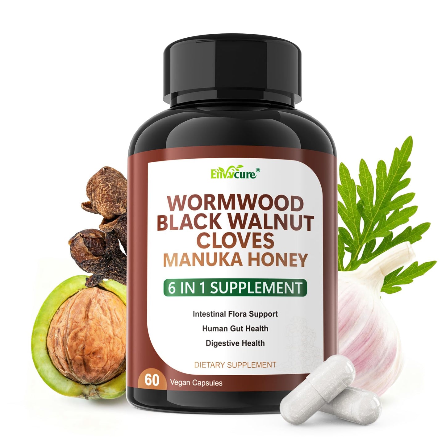 Envysupports Wellness 6-In-1 Wormwood Black Walnut Clove Units | Rapid Gut Cleanse & Digestive Health | Cleanse Detox Intestinal Guard Formula Dietary Support For Humans Vegan 60 Counts