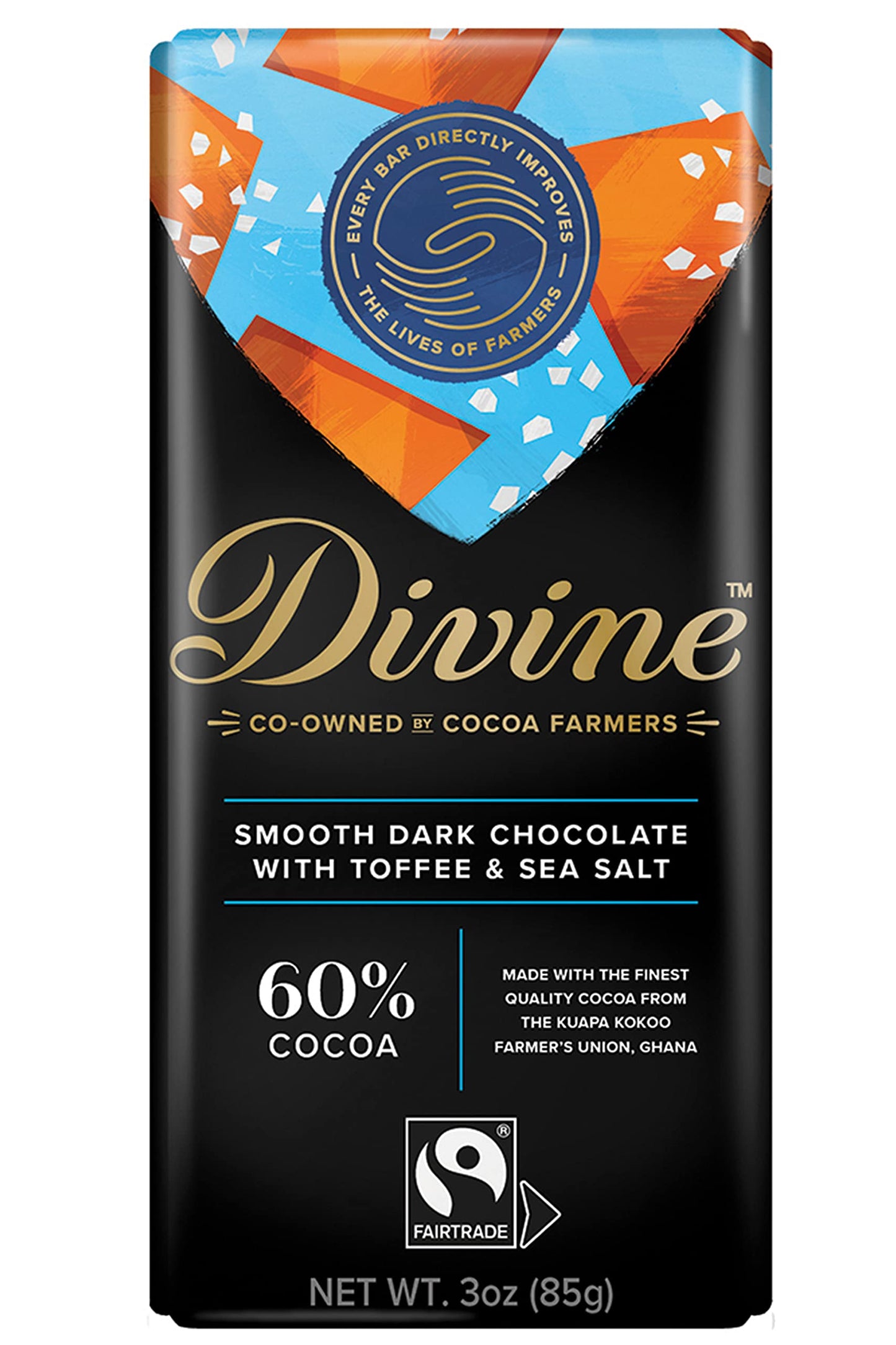 Divine Chocolate Bars - 60% Dark Chocolate with Toffee & Sea Salt - Made with Fairtrade Cocoa, Natural Ingredients, No Artificia