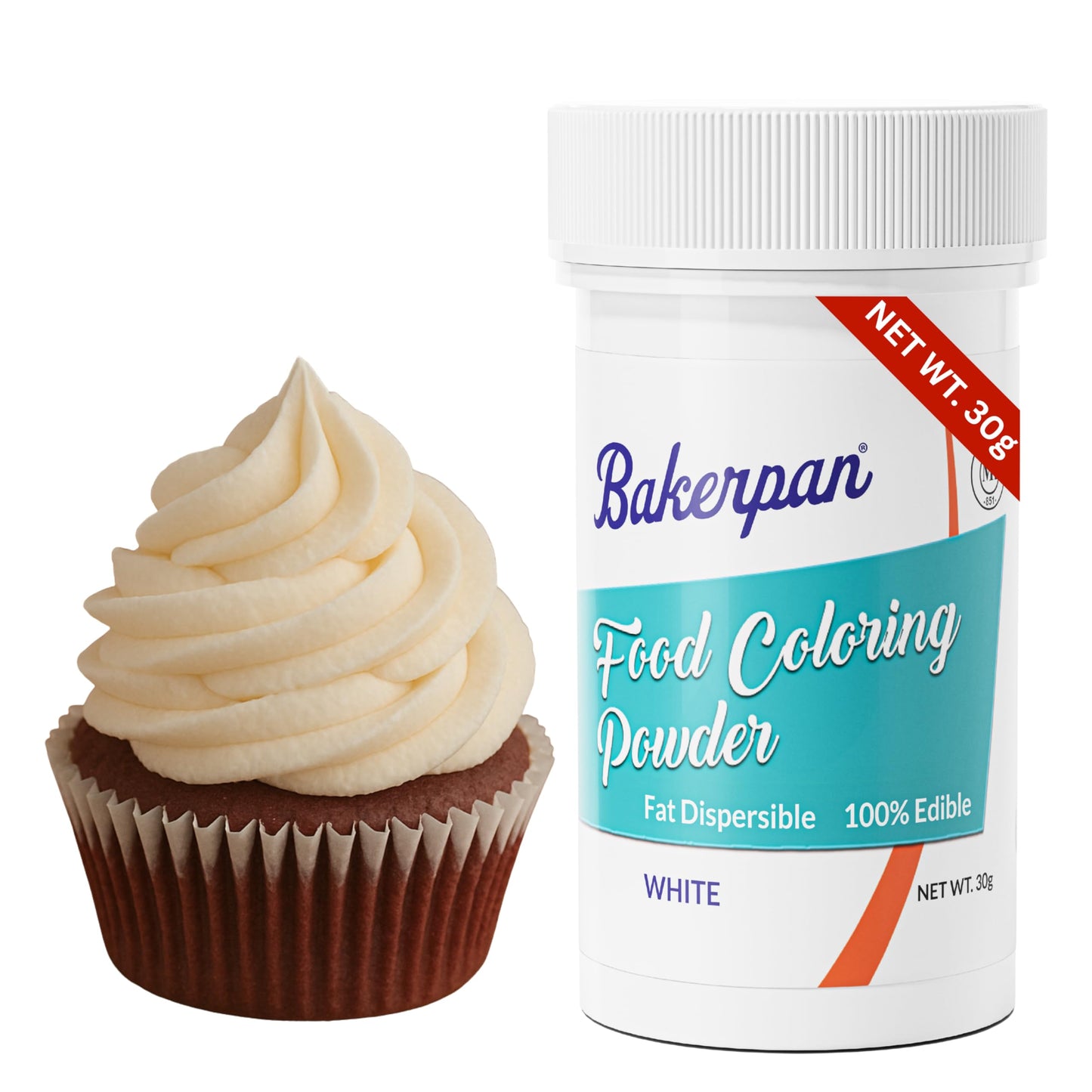 Bakerpan White Oil-Based Dye-Free Food Coloring Powder for Baking - 30g - White Coloring for Buttercream Frosting, Chocolate, Ca