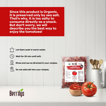 Sun-Dried Tomatoes, 2 LBS, USDA Organic, Berrilys, No Sulfur, No Preservatives, Seasalt is used as natural preservative, Raw, No