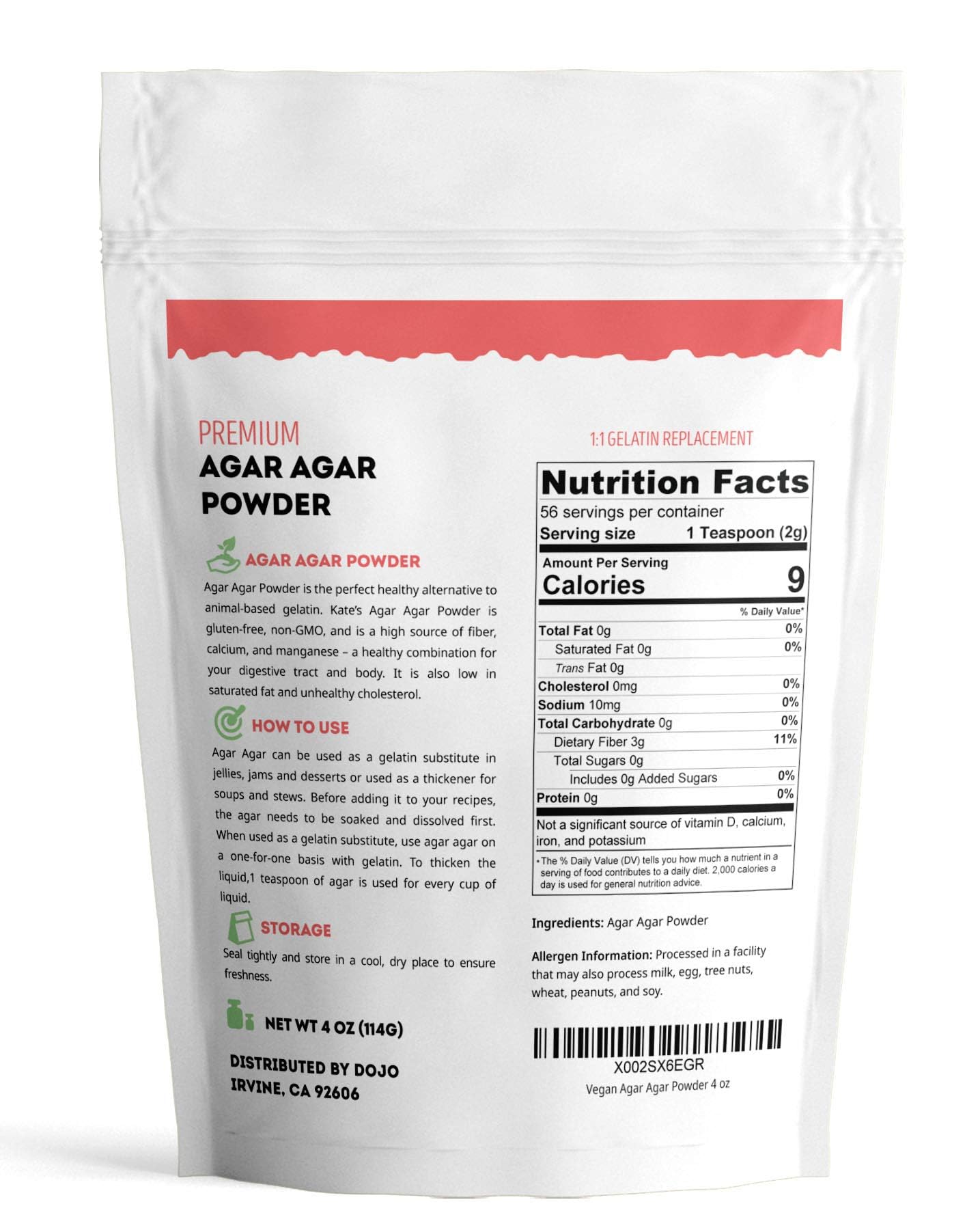 Kate Naturals Agar Agar Powder - Vegan Gelatin Substitute, 4oz, Unflavored, Plant-based, Perfect for Cooking & Petri Dishes