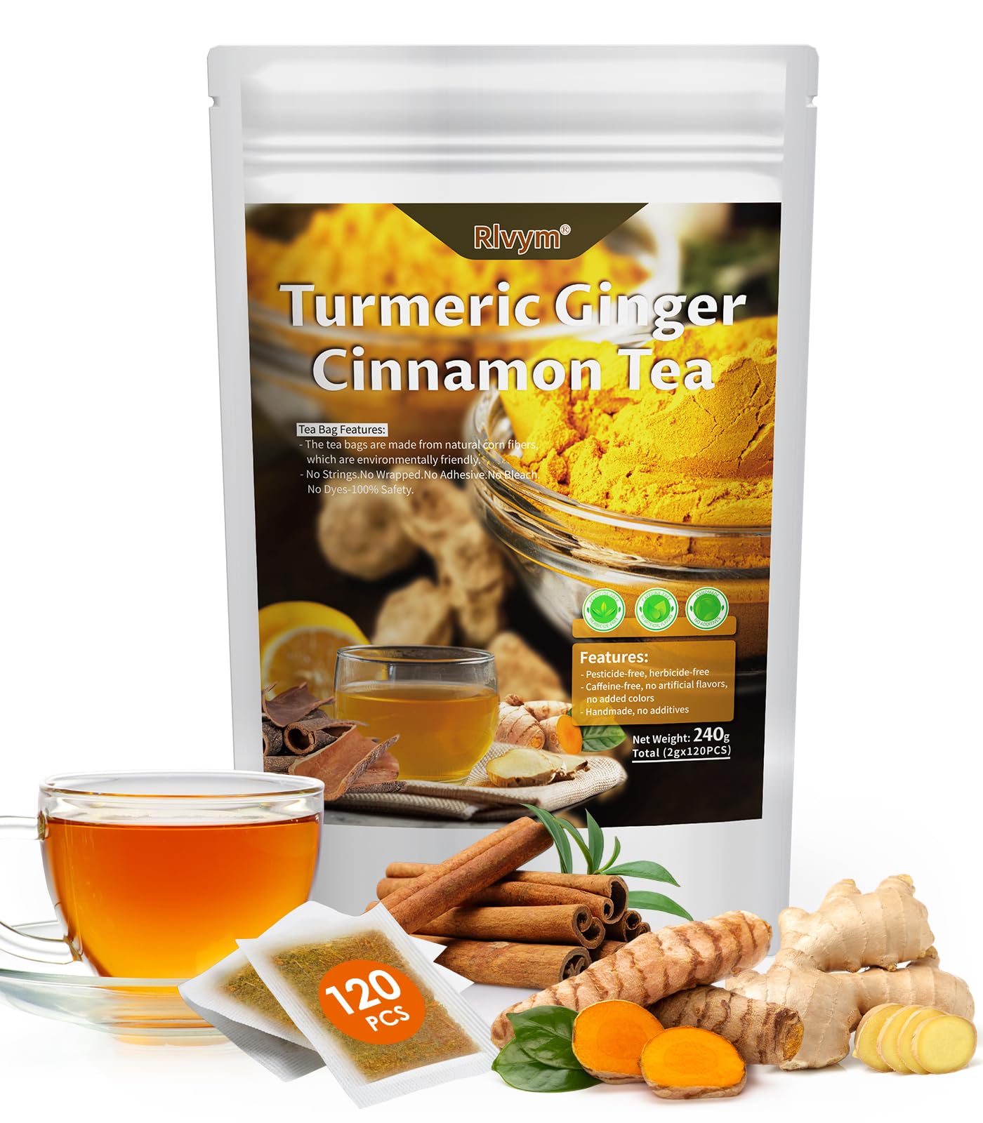 120 Bags Turmeric Flavor Blendger Cinnamon Tea Natural Turmeric Herbal Tea Improve Digestion Support Skin Sleep Eco-Conscious Teabags No Sugar No Energy Blend No Gluten(120Pcs 240G)