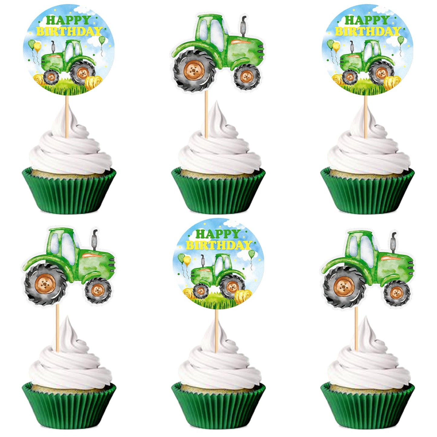 24Pcs Printed Green Tractor Cupcake Toppers Farm Tractors Cupcake Picks For Farm Tractor Birthday Cupcake Decoration Farm Theme Baby Shower Boys Girls Birthday Decorations Supplies