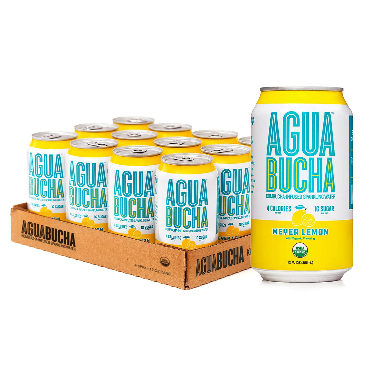 Agua Bucha | Kombucha Infused Sparkling Water | Meyer Lemon Flavor | Light & Delicious | Rich With Vitamins & Only 4 Calories | Usda Organic | No Artificial Ingredients | High B12 | 12 Fl Oz (12 Pack)