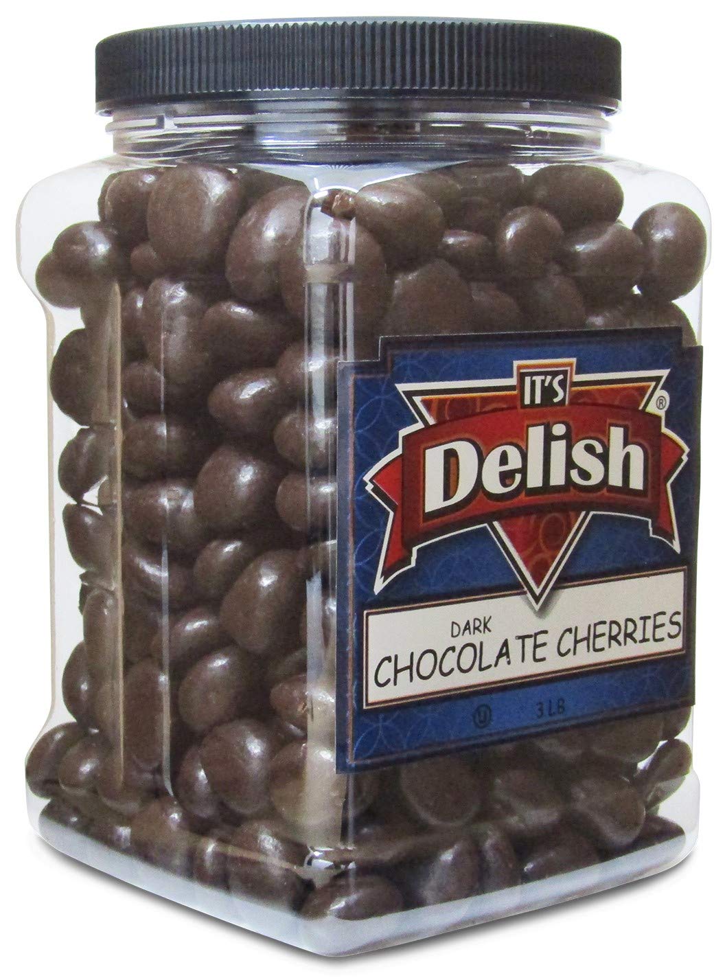 Gourmet Dark Chocolate Covered Cherries By ItS Delish 3 Lb Jumbo Reusable Container | Top-Grade Dark Bittersweet Chocolate Coated Dried Cherries - Kosher Parve Vegan