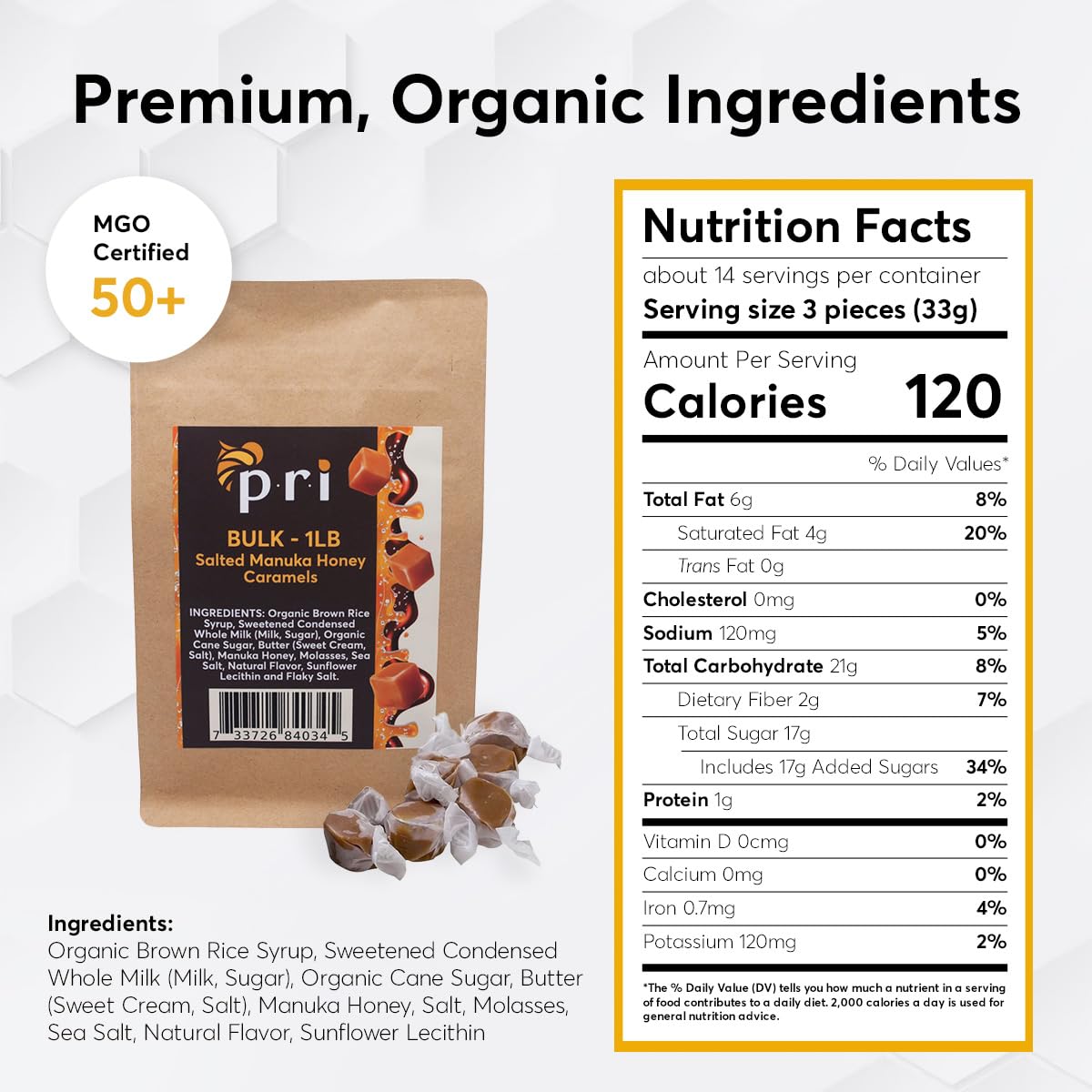 P.R.I Manuka Honey Salted Caramels, Sweet And Chewy All Natural Treats, 1Lb