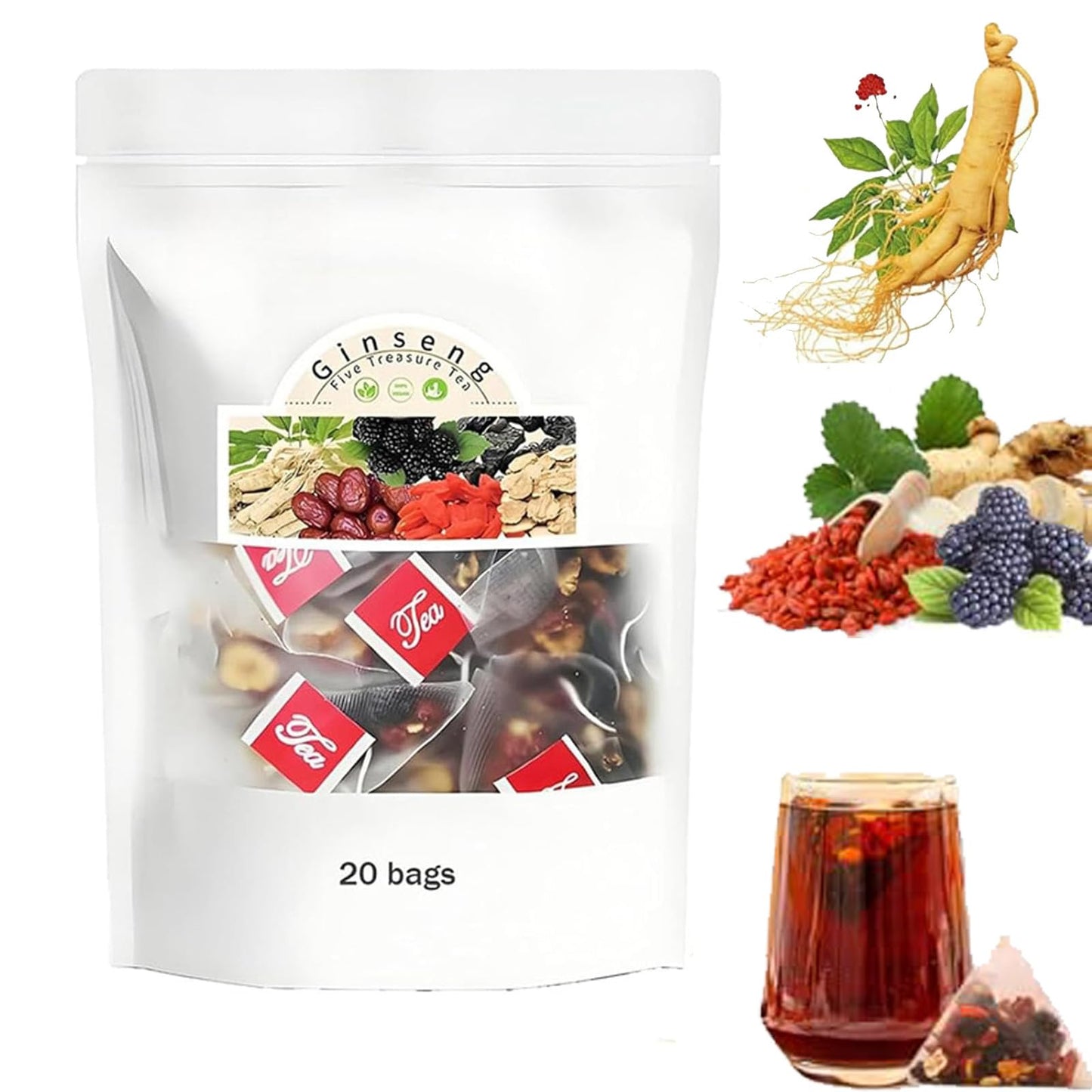 Kidney Tea Formula Flavor Blendseng Six Treasure Tea Flavor Blendseng Five Treasures Teas Mulberry Herbal Tea Bags Six Precious Ingredients Formula Natural Kidney Cleanse Detox Teabags For Women & Men (20 Bags)