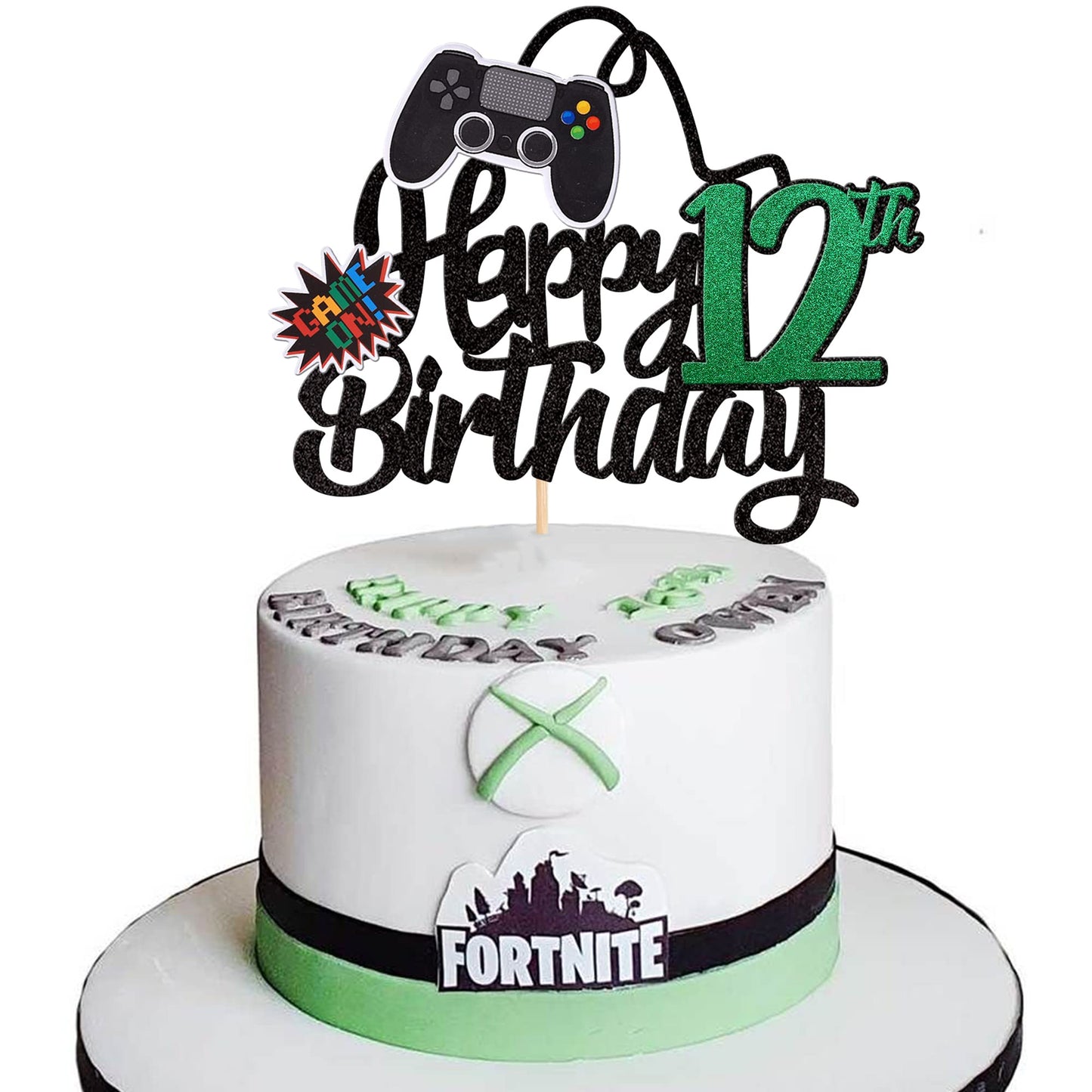 1 Pcs Video Game Happy 12Th Birthday Cake Topper Glitter Video Game Cake Pick Game On Controllers Twelve Cheers To 12 Years Cake Decoration For Happy 12Th Birthday Party Supplies Green