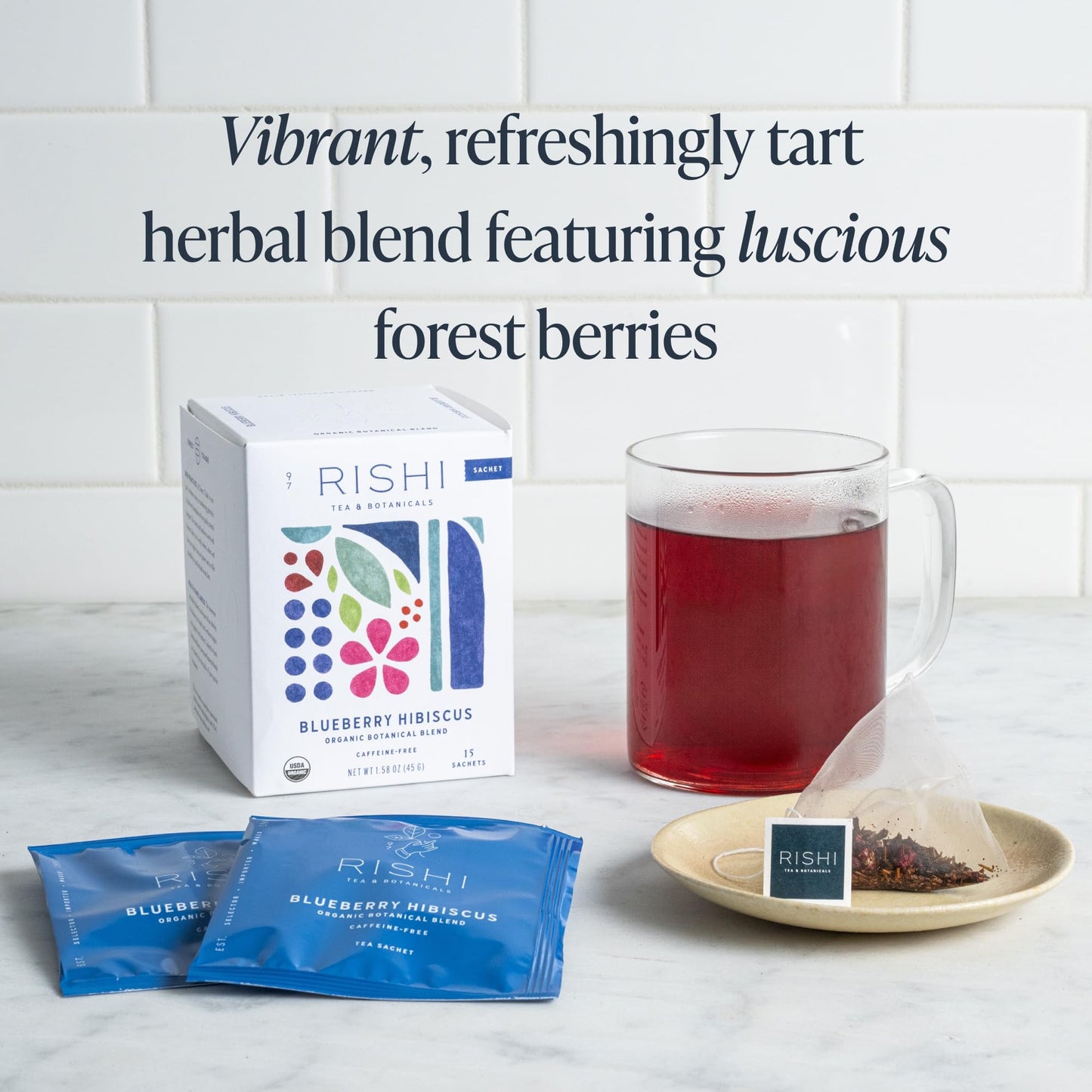 Rishi Tea Blueberry Hibiscus Herbal Tea Sachets, Caffeine Free, 15 Count