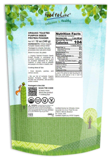 Food To Live Organic Toasted Pumpkin Seeds Protein Powder, 12 Ounces – 60% Protein, Non-Gmo, Pure, Plant Based,Vegan, Kosher, Bulk, Great For Baking, Drinks And Smoothies