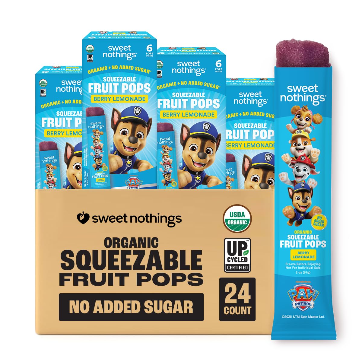 Sweet Nothings, PAW Patrol Berry Lemonade, USDA Organic Kids Squeezable Super Fruit Popsicle Pops, Value Pack of 24 - Dye-Free,