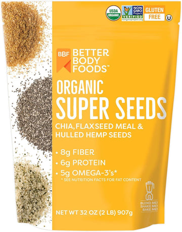 BetterBody Foods Superfood Organic Super Seeds - Chia Flax & Hemp Seeds, Blend of Organic Milled Flax Seed Organic Hemp Hearts,