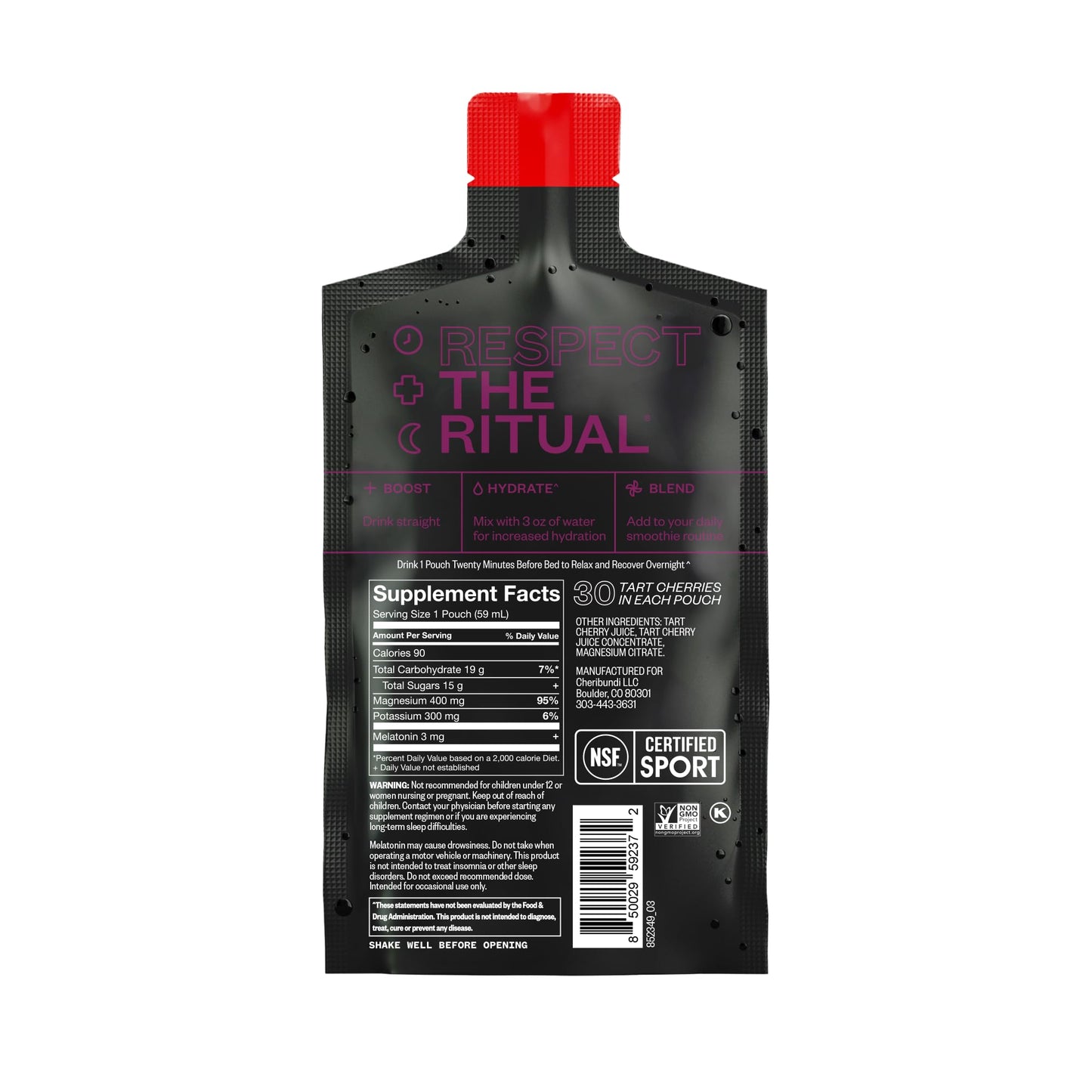 Cheribundi 100% Tart Cherry Juice Sleep Concentrate Grab & Go, 2 Fluid Ounce Pouch for Maximum Recovery with 40 Tart Cherries, 9