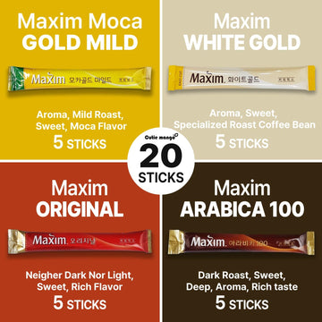 Korean Instant Coffee Mix Variety 20 Sticks Of 4 Types Single Serve/Maxim Instant Mocha White Arabica Original Flavors 5 Sticks