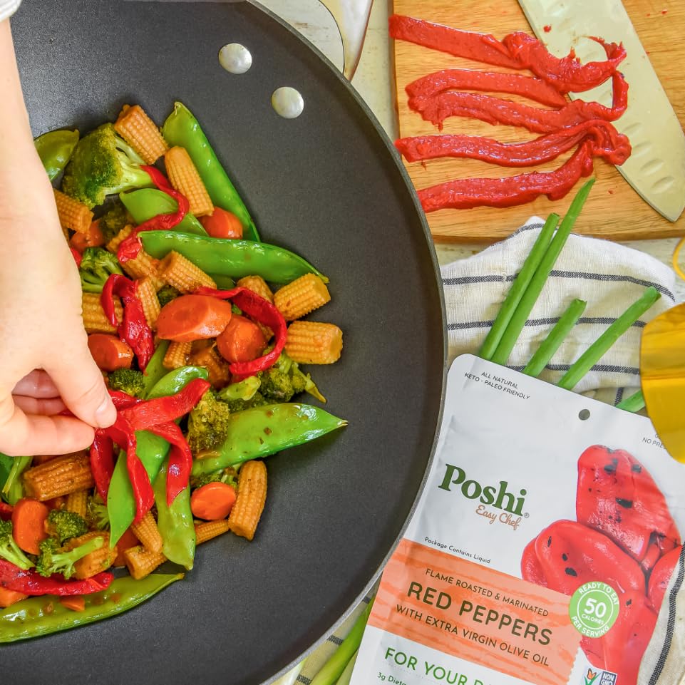 POSHI Flame Roasted Red Peppers in Extra Virgin Olive Oil Natural, Keto, Vegan, Non GMO, Low Carb + Calorie, Gluten Free, Ready