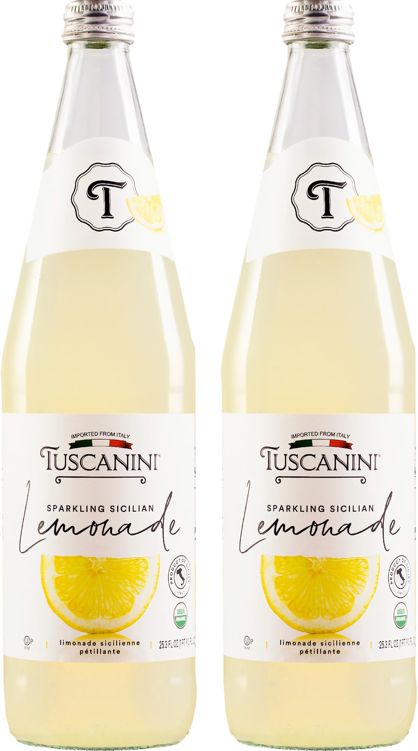 Tuscanini Top-Grade Organic Sparkling Lemonade 25.3Oz (2 Pack) | Real Italian Lemon Soda - No Food Coloring Or Artificial Flavors | Sparkling Party Drink | Product Of Italy | Kosher