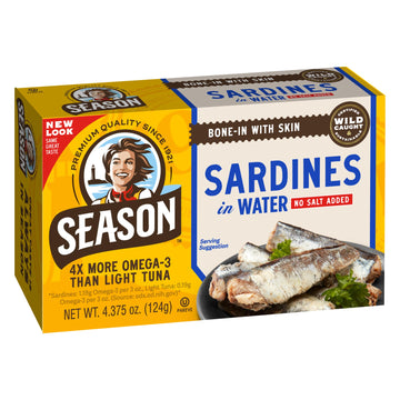 Season Sardines in Water - No Salt Added, Wild Caught, 22g of Protein, Keto Snacks, More Omega 3 s Than Tuna, Kosher, High in C