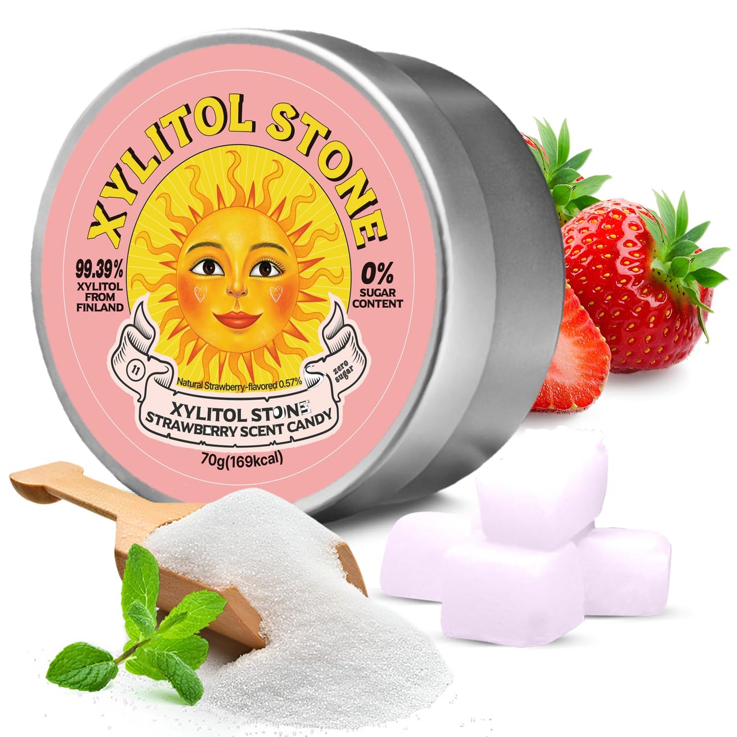 Xylitol Stone Sugar Free Candy - Vegan & Keto Friendly Unique Hard Candy Sugar-Free - 100% Natural Flavor Candies - Gluten Free & Non-Gmo Breath Freshener Low Calorie Mints- Strawberry (Pack Of 1)