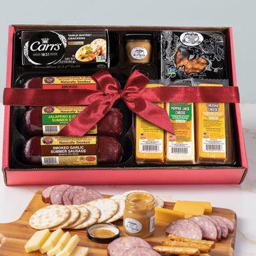 Party Gift Basket - Features Smoked Summer Sausages 100% Wisconsin Cheeses ers Pretzels & Mustard | Perfect for Tailgating