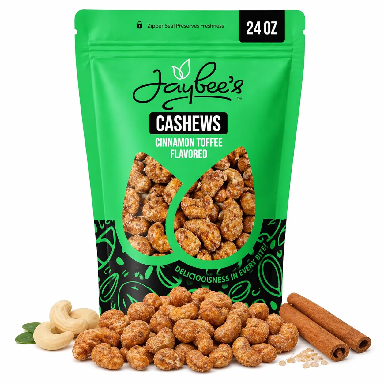 Cinnamon Toffee Cashews - Kettle Cooked Sweet & Crunchy Cashews, Roasted Cashews Snack, Cinnamon Sugar Flavored Nuts, 24 oz Rese