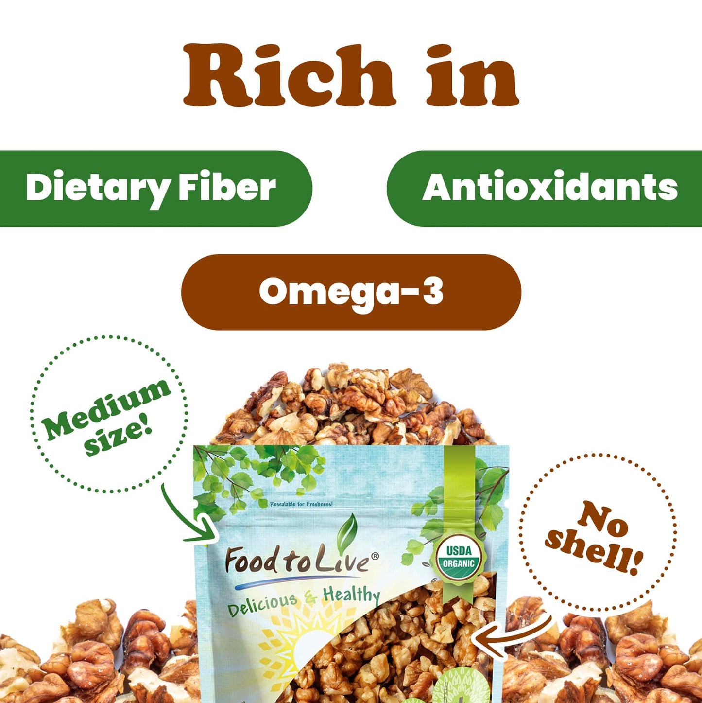 Food to Live Organic Walnut Pieces, 7 Pounds - California Chandler Variety. Medium Size. Non-GMO. Rich in Omega-3, Antioxidants,