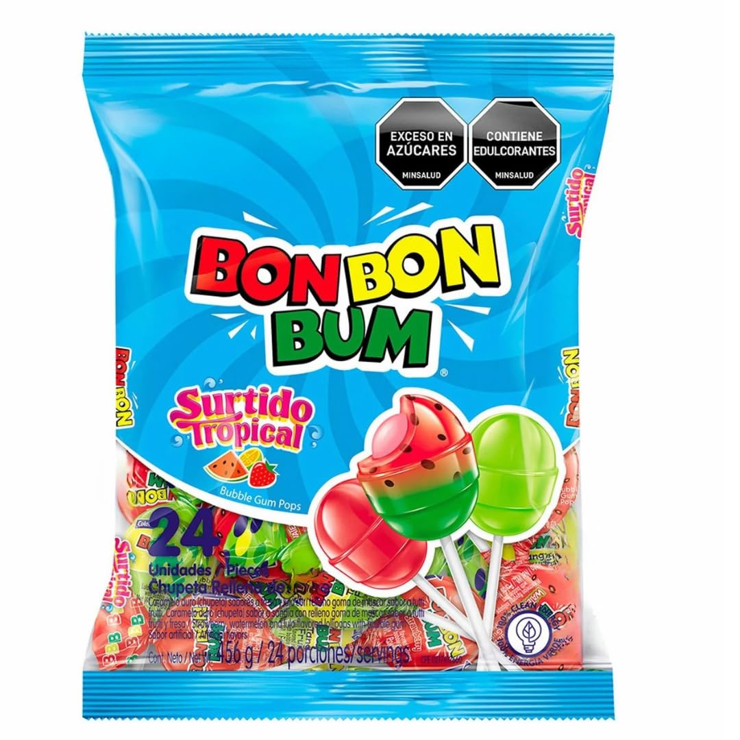 Bon Bon Bum - Fruity Lollipop with Bubble Gum center - Perfect for Parties and Sharing (24 Pieces, Surtido Tropical)