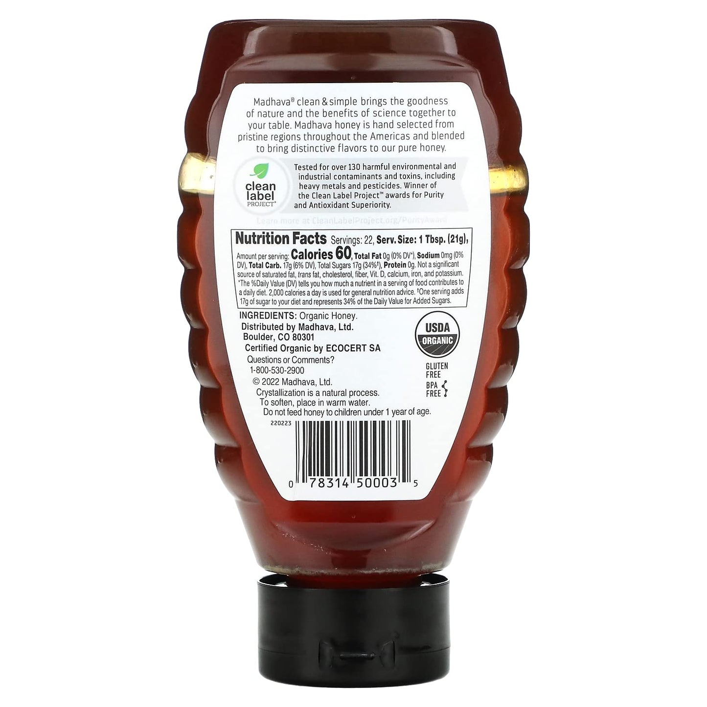 Madhava Organic Amber Honey Unfiltered 16 Oz(Pack Of 1) Natural Sweetener Sugar Alternative 100% Pure Organic Honey Pure Hone