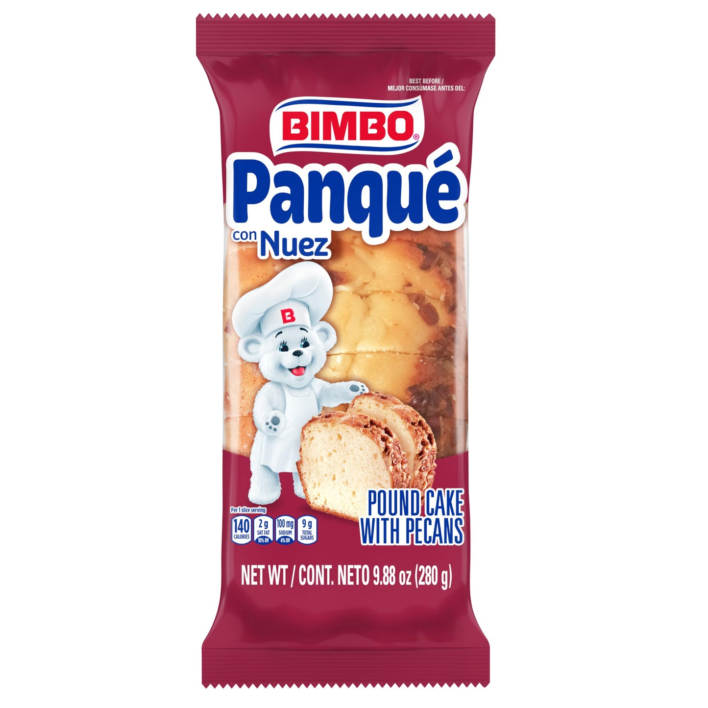 (Restock) Bimbo Panqu con Nuez Plain Pound Cake with Pecans, 8 individual packs, (1 ct each), Pound Cakes, 79.04 oz Multipack