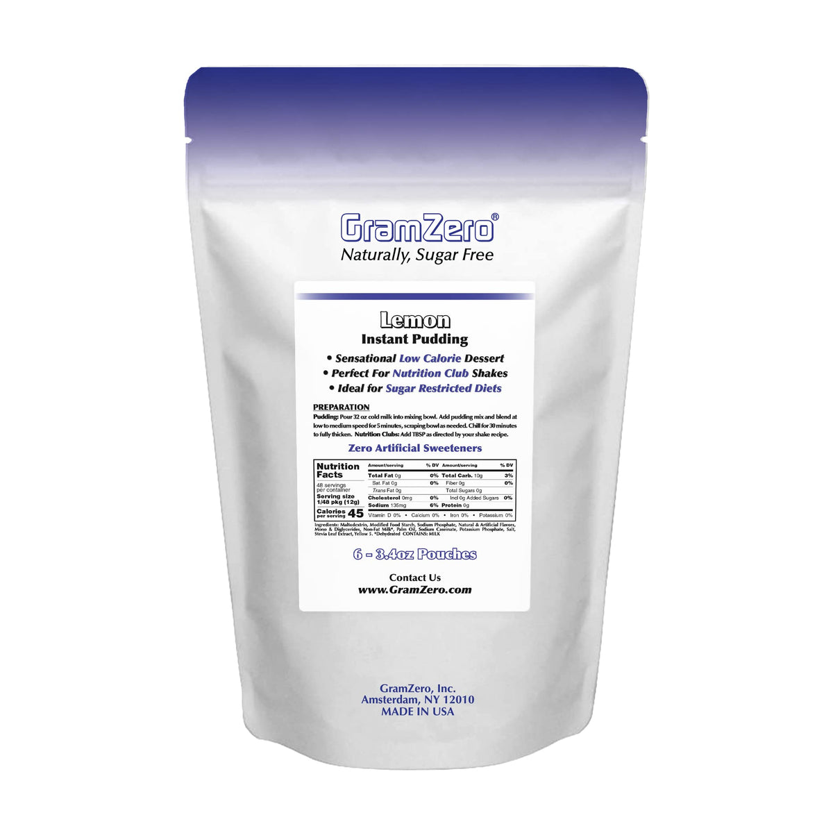 Gramzero Lemon Sugar Free Pudding Mix 6-Pack, Great For Nutrition Club Meal Replacement Shakes, Low Calorie Dessert, Stevia Swee
