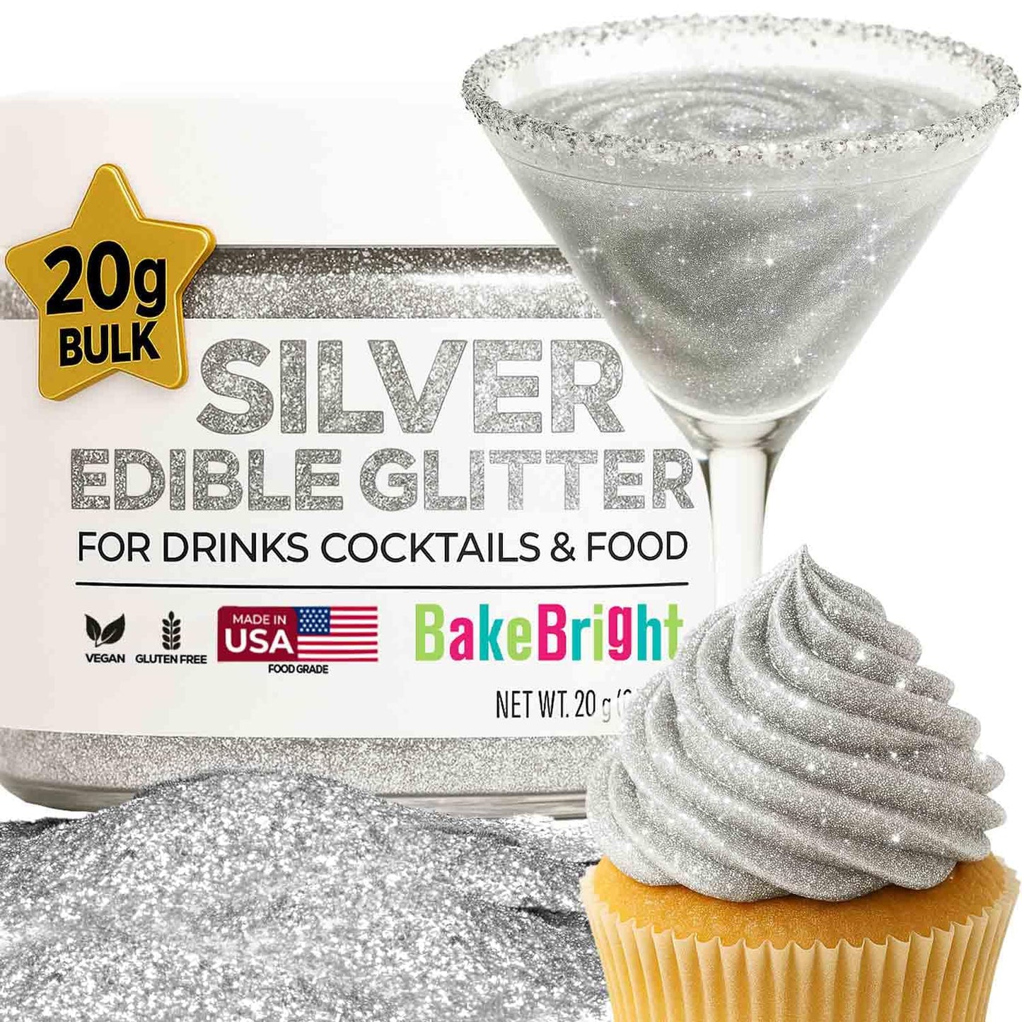 Bulk 20G Silver Edible Glitter For Drinks | Top-Grade Edible Glitter For Cakes Mixed Flavors Silver Cake Decorating Decorations Food Grade Vegan Kosher Halal Gluten Free - Made In Usa